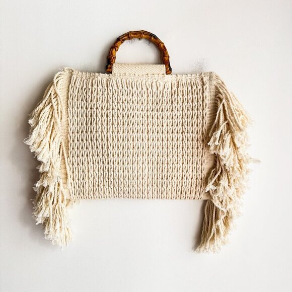 Zara Handbags - Zara Ivory Cream Crochet Woven Faux Bamboo Handle Tote Bag